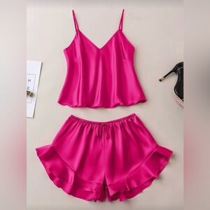 Womens M Solid Pink Cami Top Ruffle Shorts Satin Pajama Set Classic Loungewear